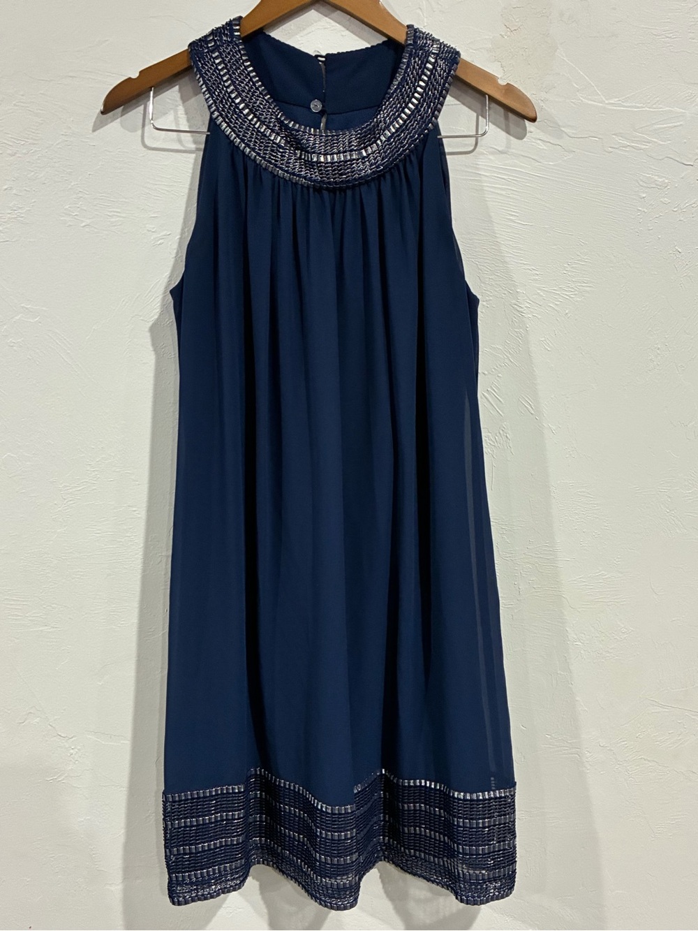 Dressbarn Navy Blue Chiffon Metallic Silver Threading midi dress - Size L
